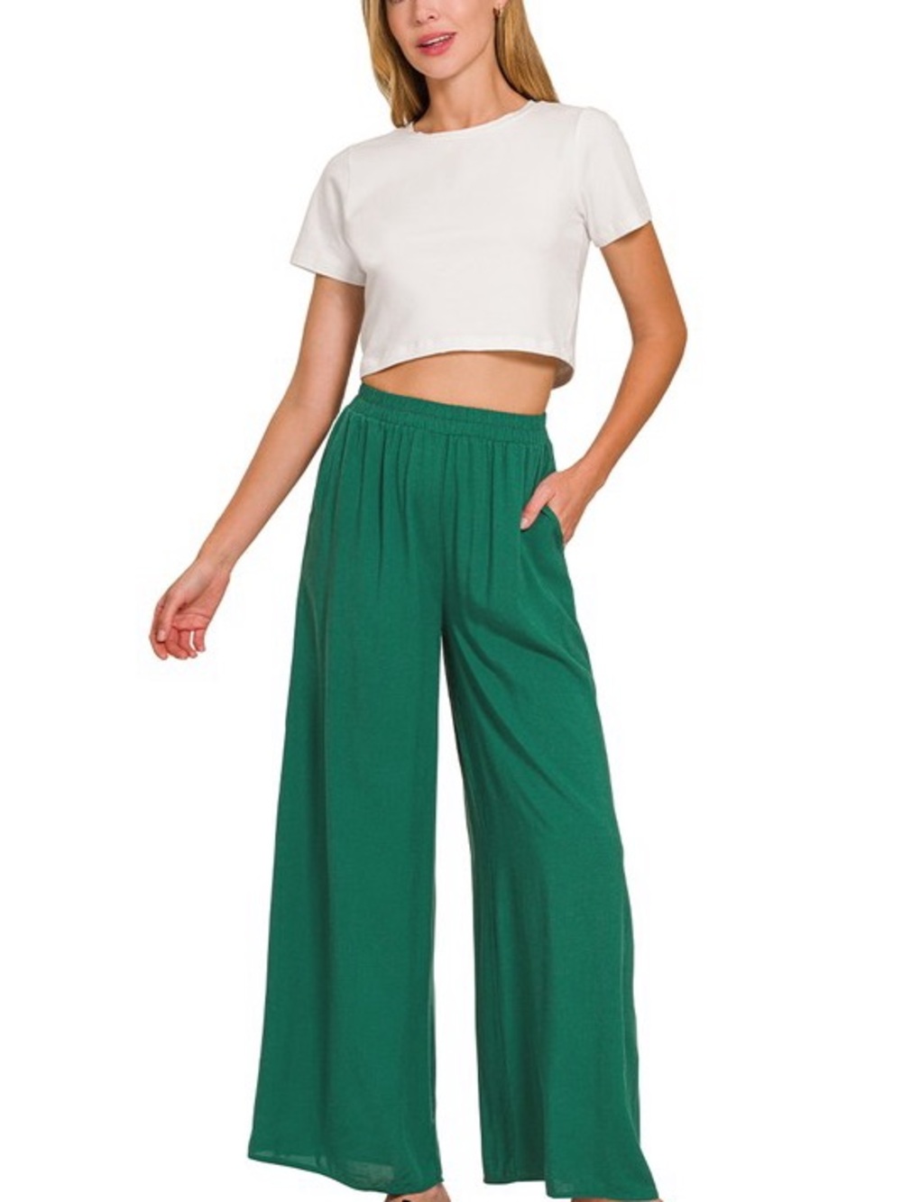 NWT 2 pc Set Zenana Woven Short Sleeve & Long Wide Legs Pants Set black - Picture 4 of 8
